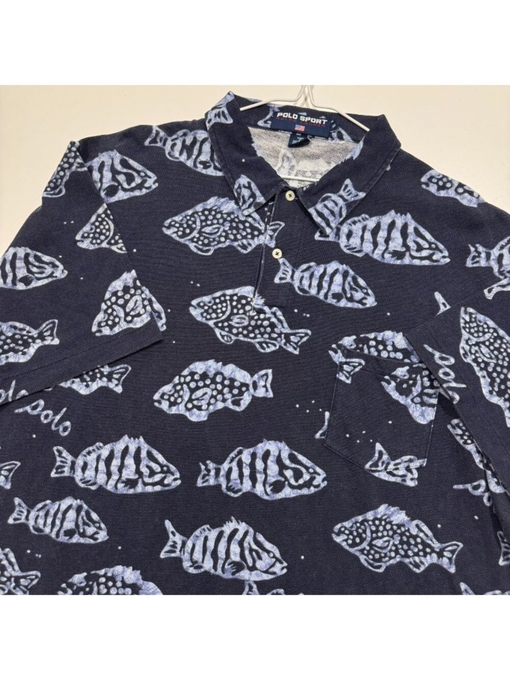 Vintage 1990s Ralph Lauren Polo Sport All Over Print Fish Pique Polo Shirt 2XL